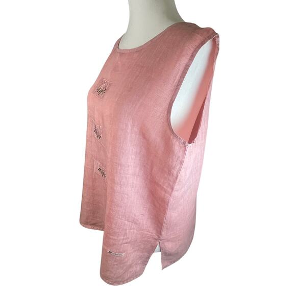 Linen Hemp Sleeveless Top Pink Embroidery Cottagecore Artsy Japanese M/L - Picture 3 of 14